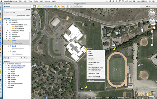 A satellite photo shows several fields with a track as seen from the software program Google Earth. The image shows the dialogue box that appears when right clicking on Qaypoints, so users can access various commands, such as “Get Info.”