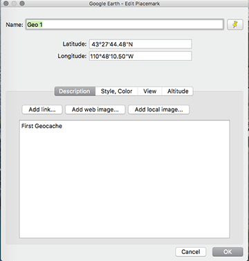 A screen capture shows the “Get Info” dialogue box for Qaypoints in Google Earth. Data includes the name, latitude and longitude, and notes for the waypoint.