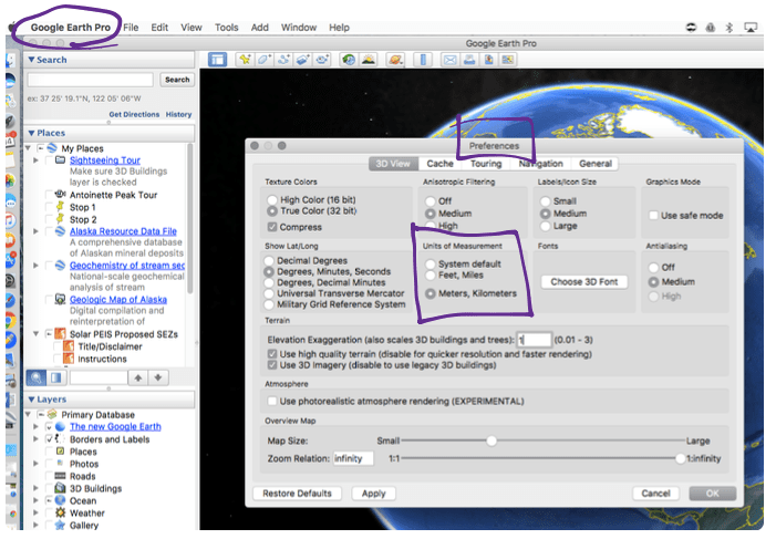 This is a screenshot of the preferences tab in Google Earth, showing how to change the units of measurement in the program.