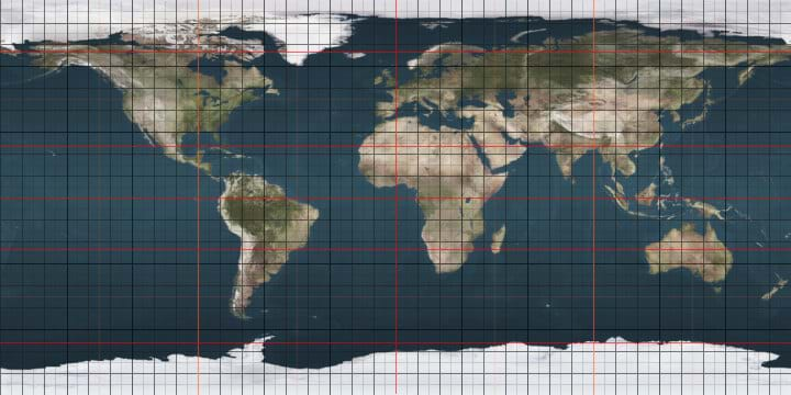 An ovular map of the world with a light brown color showing the land masses and blue for the oceans. Only continents and oceans are labeled. Parallel straight lines go east to west and curved lines run north and south, each labeled with an angle measure.