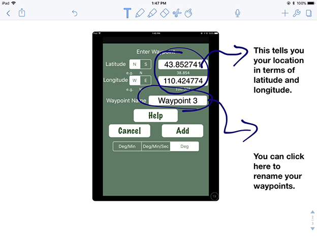 This image is a screenshot of an iPad running the app Free GPS. It shows the waypoint’s latitude and longitude, name, and has three buttons for user input. They are “Help,” “Cancel,” and “Add”.