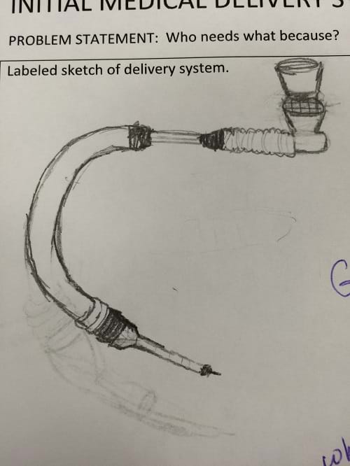 A sketch of a flexible tube with sharp needle attached to one end and small funnel cups on the other end.