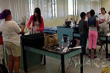 A photograph in a classroom shows student groups standing at lab stations with gloves and tubs.