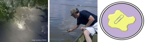 A satellite photo shows cloudy white smears and trails in a body of water partially surrounded by land. A photo shows a man in a small boat leaning over to collect a sample from water with an oil-slick sheen. A drawing shows the top view of a paper clip floating on an island of oil on top of water.