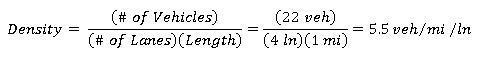 Density = 22 vehicles / 4 lanes x 1 mile = 5.5 vehicles per mile per lane.