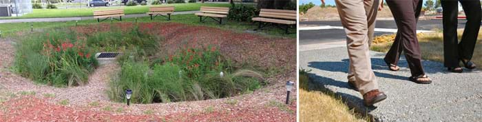 Two photographs: A sunken circular area in a park with a center drain planted with grasses and flowers, surrounded by mulch and four benches. The legs and feet of three people walking on a gray sidewalk that looks like it is made of much aggregate, as spaces can be seen between the small stones.