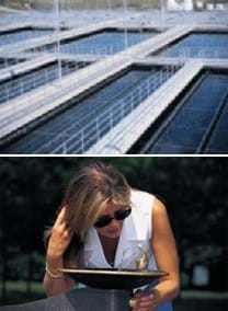 Two photos: Seven rectangular-shaped pools of water with railings around them. A woman drinks from an outdoor drinking fountain.