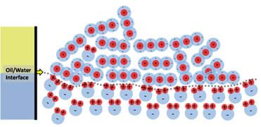 Same diagram as Figure 9, but with a lone H2O molecule in the midst of the CO2 field of molecules above the oil/water interface.