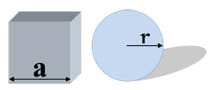 Drawings show a cube with a side length a, and a sphere with a radius r.