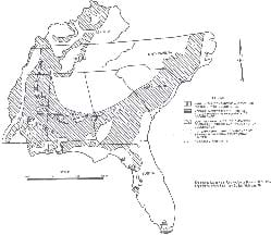 Map showing Kentucky to Florida with areas marked as extremely limited, low, medium and high for the occurrence of expansive materials. Map includes a scale and legend. 