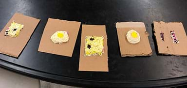 A photograph shows five pieces of cardboard lined up on a table, each with multi-colored icing squiggles that compose the student-made final mock-3D printed designs for skin, muscle and bone.