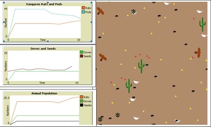 A screen capture of the NetLogo simulation for the Sonoran Desert Community.