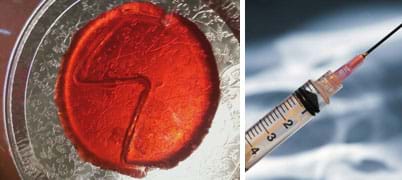 Two photos: A round layer of red JELL-O on a metal plate; a zig-zag channel runs through the JELL-O. A plastic syringe.