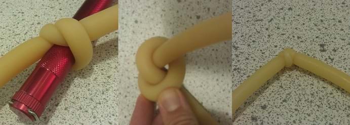 Three photographs show how to use a marker to tie a knot in the end of the latex tubing. 