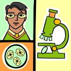 Cartoon drawing of a boy, microscope and cell.