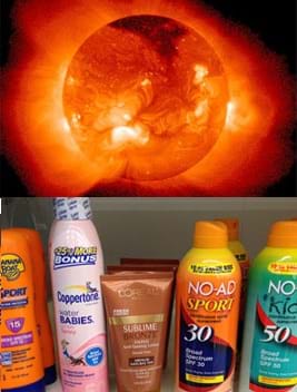 Two photographs: An x-ray photograph of the sun shows an orange orb with swirls of darker and whiter regions on the sphere's surface, as well as a surrounding irregular halo of white to orange to dark orange colors surrounding it. A photograph of a grocery store shelf shows five sun protection products with labels identifying them as SPF 15 to 50 UVA/UVB protection sunscreen lotions and sprays.