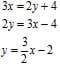 Example equation rearranged: 3x = 2y + 4 changed to y = 3/2x - 2