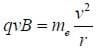 qvB = me v squared/r