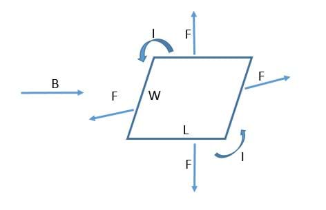 A rectangle of current loop is sitting vertical to the page with force arrows pointing out from all sides. There is  a magnetic field line pointing perpendicularly at it from behind, and the current is traveling counterclockwise.