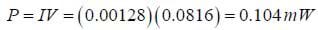 equation: P = IV = (0.00128) (0.0816) = 0.104mW