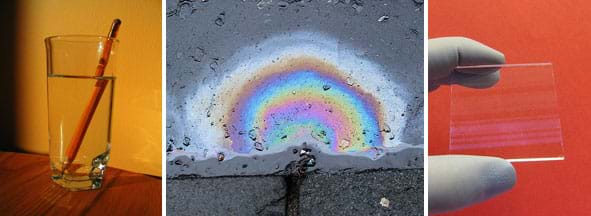 Three photographs: Side-view of a pencil in a glass of water; the portions of the pencil above and below the water do not line up. Photo shows a rainbow of colors in an oil slick at a road curb. A hand holds a glass slide with an anti-reflective coating; you can see lines of reflected purplish colors on it.