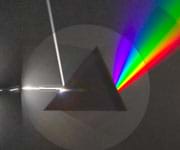 A photograph shows a beam of white light passing through black triangle (a glass prism) and separating into beams of rainbow colors as it passes out the other side.