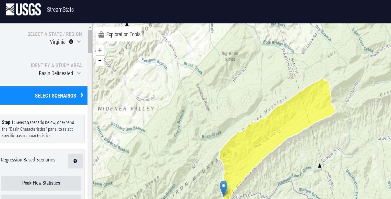 An image of a computer screen that shows a USGS marker on mapping software of a delineated watershed in Virginia.