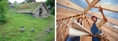 Two photos: (left) A small stone house set into the hillside. Two women in hardhats with tools and blueprints stand near wood-framed walls and roof of a house under construction.