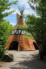 A pointed hut made from poles joined at the top and covered with material.