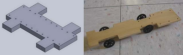 Two images: A computer-drawn sketch shows a rectangular board that is a little wider at the four locations where wheels will be attached. Some dots around the edges indicate drill hold placement. A photo shows a rectangular 6-in pine board modified with cut-out notches where four wheels sit above the board, attached by axles (metal rods) that run through plastic sleeves attached under the board, between each pair of wheels.