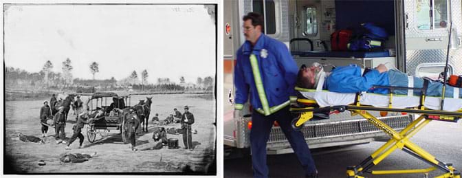 Two photos: Black and white newspaper photo shows a horse drawn military ambulance with injured men being carried in litters, loaded in the carriage and lying nearby on the ground. An emergency medical technician unloads from the open back doors of an ambulance truck a patient strapped flat on a wheeled stretcher (gurney).