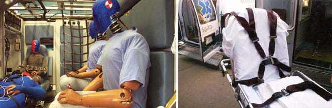 Two photos: Inside the patient transport section of an ambulance, crash dummies are positioned as three sitting attendants around a recumbent patient on a stretcher. An unoccupied wheeled stretcher (gurney) near the back doors of an ambulance shows seatbelt-like straps available to secure a patient lying on his/her back. The adjustable straps go around the body at a few points, including over the shoulders and torso (four-point upper-body restraint).