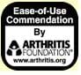 Black and white graphic logo says, "ease-of-use commendation by Arthritis Foundation www.arthritis.org."