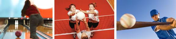 Three photos: A girl throws a bowling ball down an alley towards two pins. Three girls jump near a net, trying to reach a white ball. A boy swings a bat at a small white ball.