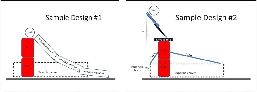 Two drawings, sample design #1 and #2, show side views of launcher devices with materials and dimensions specified.