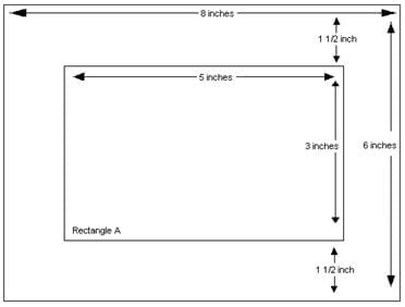 Diagram shows a 5 x 3 rectangle A cut out of the center of a 6 x 8 piece of cardboard. 