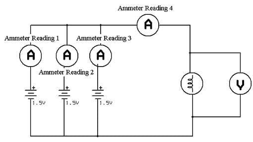 Electrical circuit diagram showing how to connect three 1.5 volt batteries in parallel.