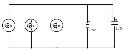 Circuit diagram shows connections for 3 bulbs wired in parallel to 2 batteries wired in parallel.