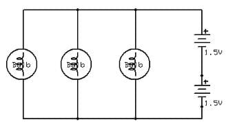 circuit diagram shows connections with 3 bulbs wired in parallel to 2 batteries wired in series.