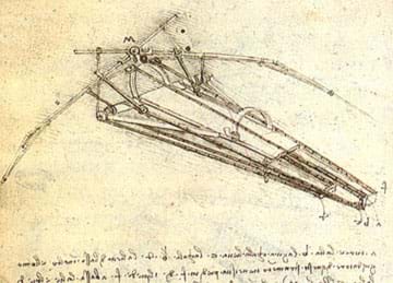 A photograph of a pen and ink drawing on aged parchment paper shows a triangular-shaped contraption with a seat, strap and long hinged arms. Parts are identified by letters and nearby cursive writing provides a description.