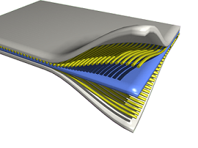 A 3D image of a composite material, showing at one edige the five different layers that compose it.