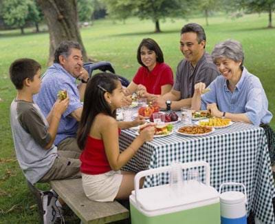 Photo shows a family of six people having a picnic in a park. They are sitting at a picnic table with a cooler and thermos nearby.
