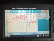 A photo of a Vernier interface with a series of 20 peaks. The peaks represent the force needed to break a bond between amino acids. A photo of a Vernier interface with a series of 20 peaks. The peaks represent the force needed to break a bond between amino acids.