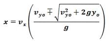 x = vx (vyo + sq root of v^2yo + 2gyo divided by g)